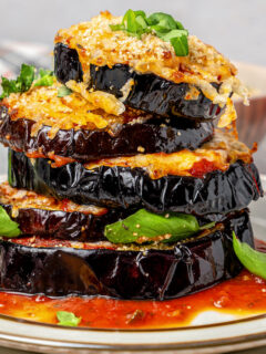 Landscape photo of air fryer eggplant parmesan.
