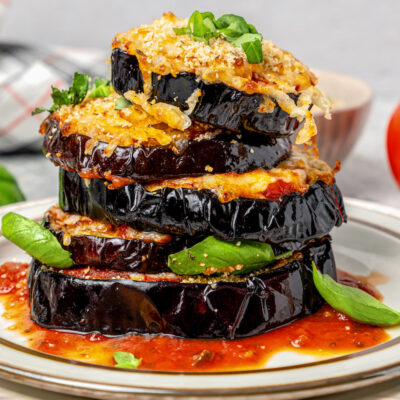 Landscape photo of air fryer eggplant parmesan.