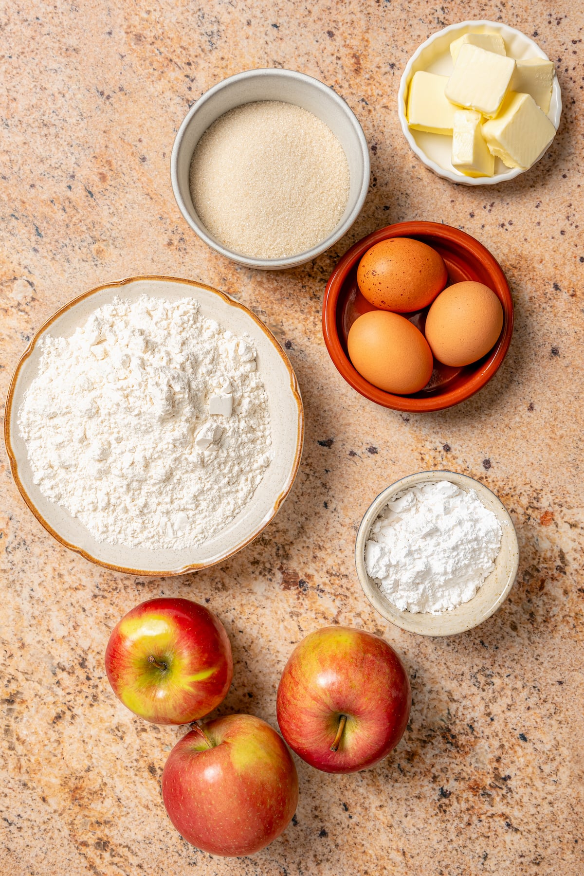 This fluffy apple cake recipe dusted with powdered sugar is an easy fall-flavored dessert once the leaves start falling. Ingredients for making apple cake.