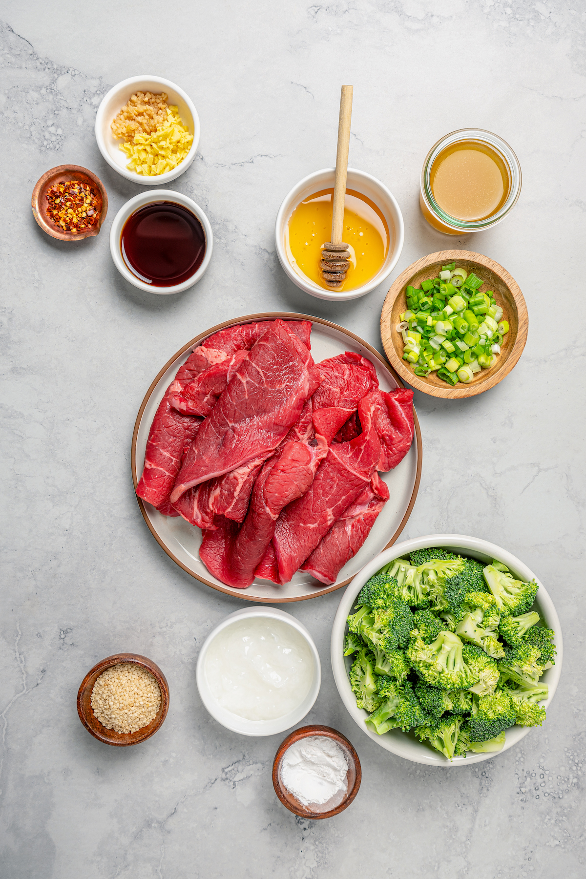 This beef and broccoli recipe with honey, garlic, and red pepper flakes is a spicy, saucy Asian-style dinner that beats take-out any day. Ingredients for the beef and broccoli recipe.