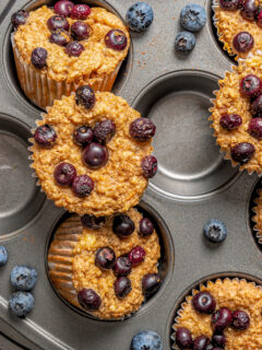 Landscape photo of blueberry protein muffins.
