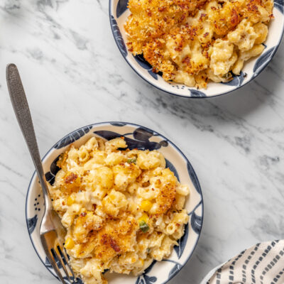 Bowls of homemade macaroni and cheese.
