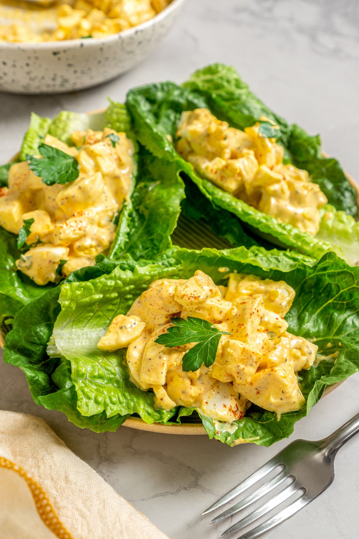 This Healthy Egg Salad is a simple, tasty recipe that’s packed with protein and easy to prepare. A scrumptious lunch or midday snack! Healthy egg salad lunch plate with lettuce and herbs.