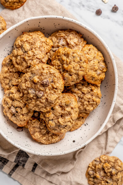 Bowl of freshly baked banana oatmeal chocolate chip cookies.