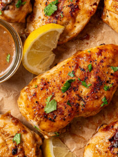 Landscape photo of grilled chicken with Asian BBQ sauce.