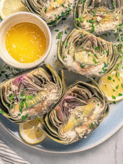 Landscape photo of Instant Pot artichokes.