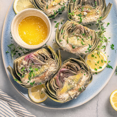 Landscape photo of Instant Pot artichokes.