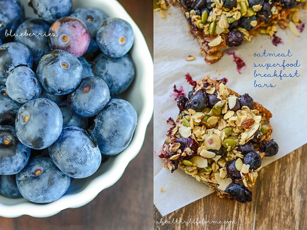 These easy oatmeal breakfast bars with sweet blueberries and pumpkin seeds are a quick high-protein treat for busy mornings. Bowl of blueberries to the left. Baked oatmeal bars to the right.