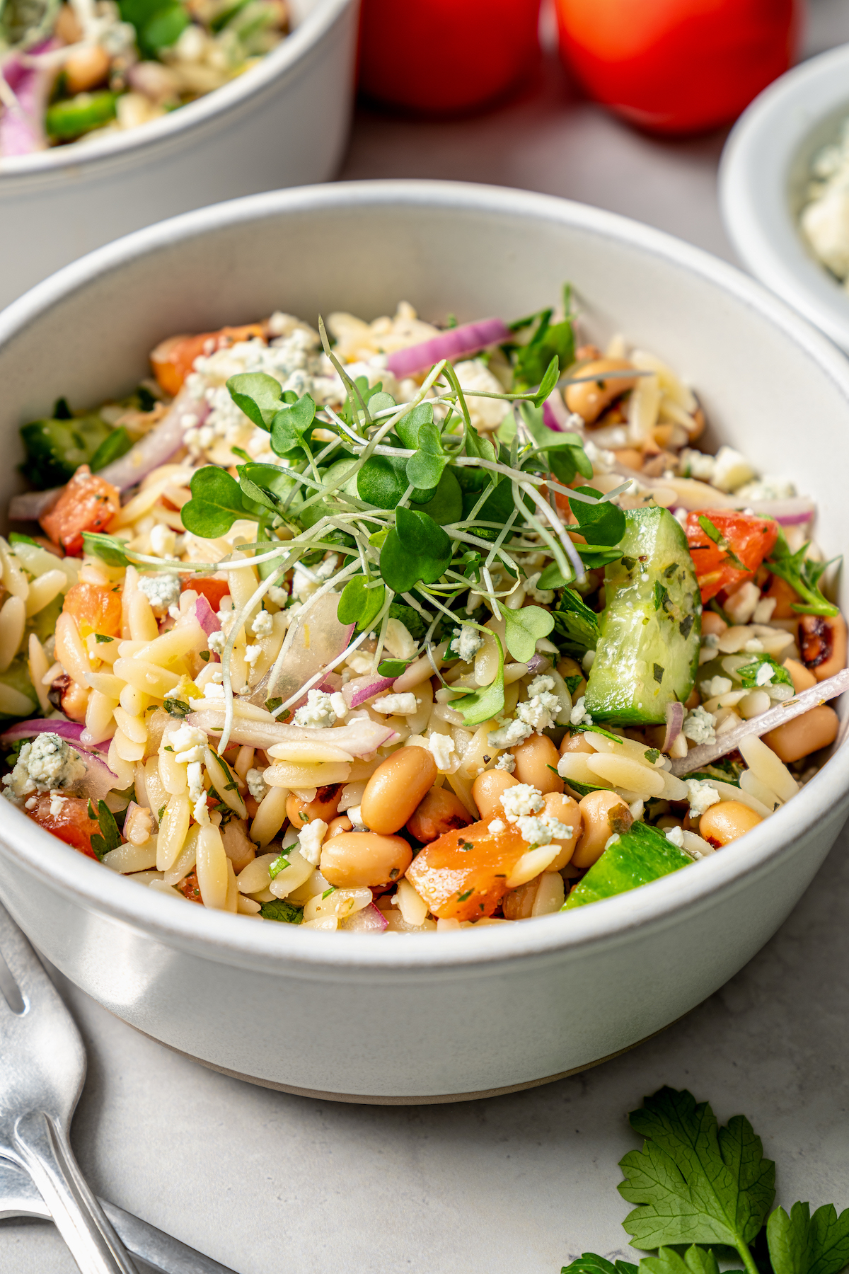 This orzo and black eyed pea salad recipe with crunchy veggies and two homemade vinaigrettes is a refreshing summer side. Black-eyed pea salad with blue cheese.