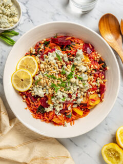 Homemade beet salad with orzo.