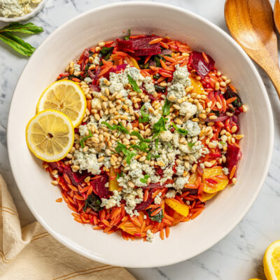 Homemade beet salad with orzo.
