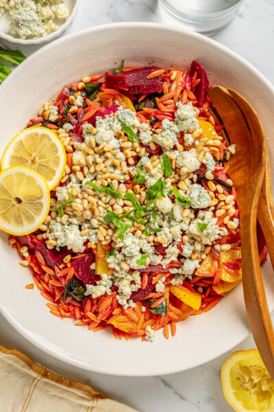 Pasta salad with beets and blue cheese.
