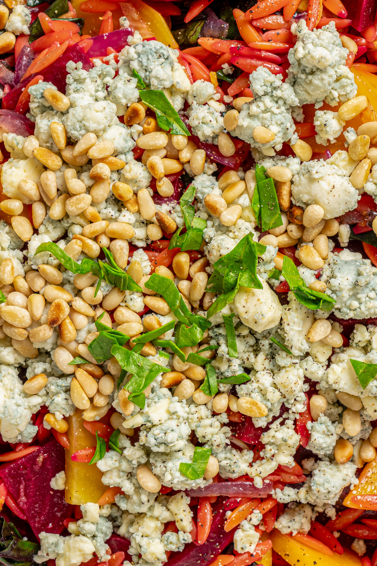 This vibrant Orzo Salad is made with beets, pasta, toasted pine nuts, and blue cheese - a wholesome side dish that everyone will love. Close-up shot of beet-orzo salad with blue cheese and pine nuts.