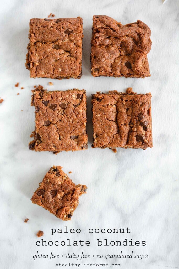 Paleo Coconut Chocolate Blondie Recipe gluten free dairy free delicious | ahealthylifeforme.com