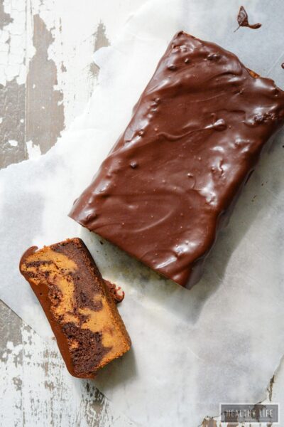 Pumpkin bread with a chocolate swirl and ganache.