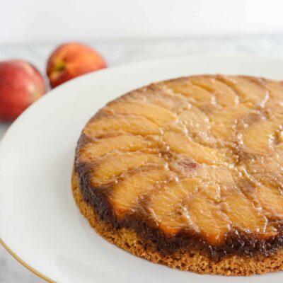 Peach upside down cake with a caramelized peach topping.