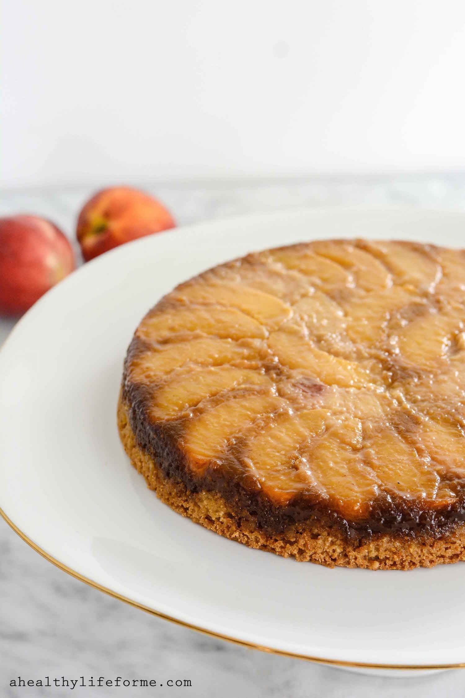 Peach upside down cake with a caramelized peach topping. 