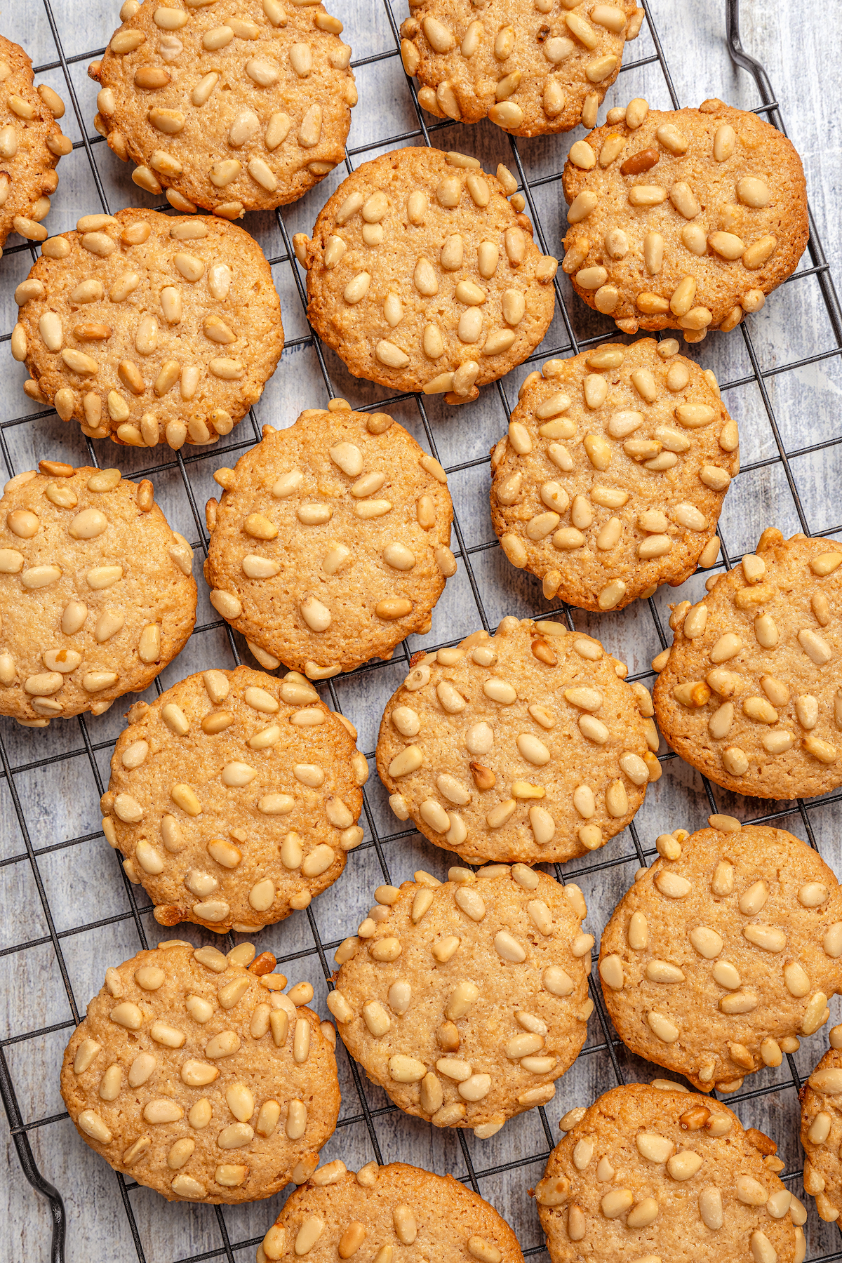 Italian Pignoli Cookies are crispy, chewy and almond-y, topped with rich, creamy pine nuts. They're sure to become a family favorite! Pignoli cookies cooling on a wire rack.
