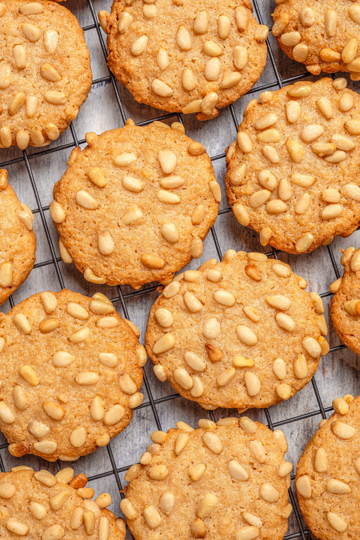 Italian Pignoli Cookies are crispy, chewy and almond-y, topped with rich, creamy pine nuts. They're sure to become a family favorite! Italian Christmas cookies cooling on a wire rack.