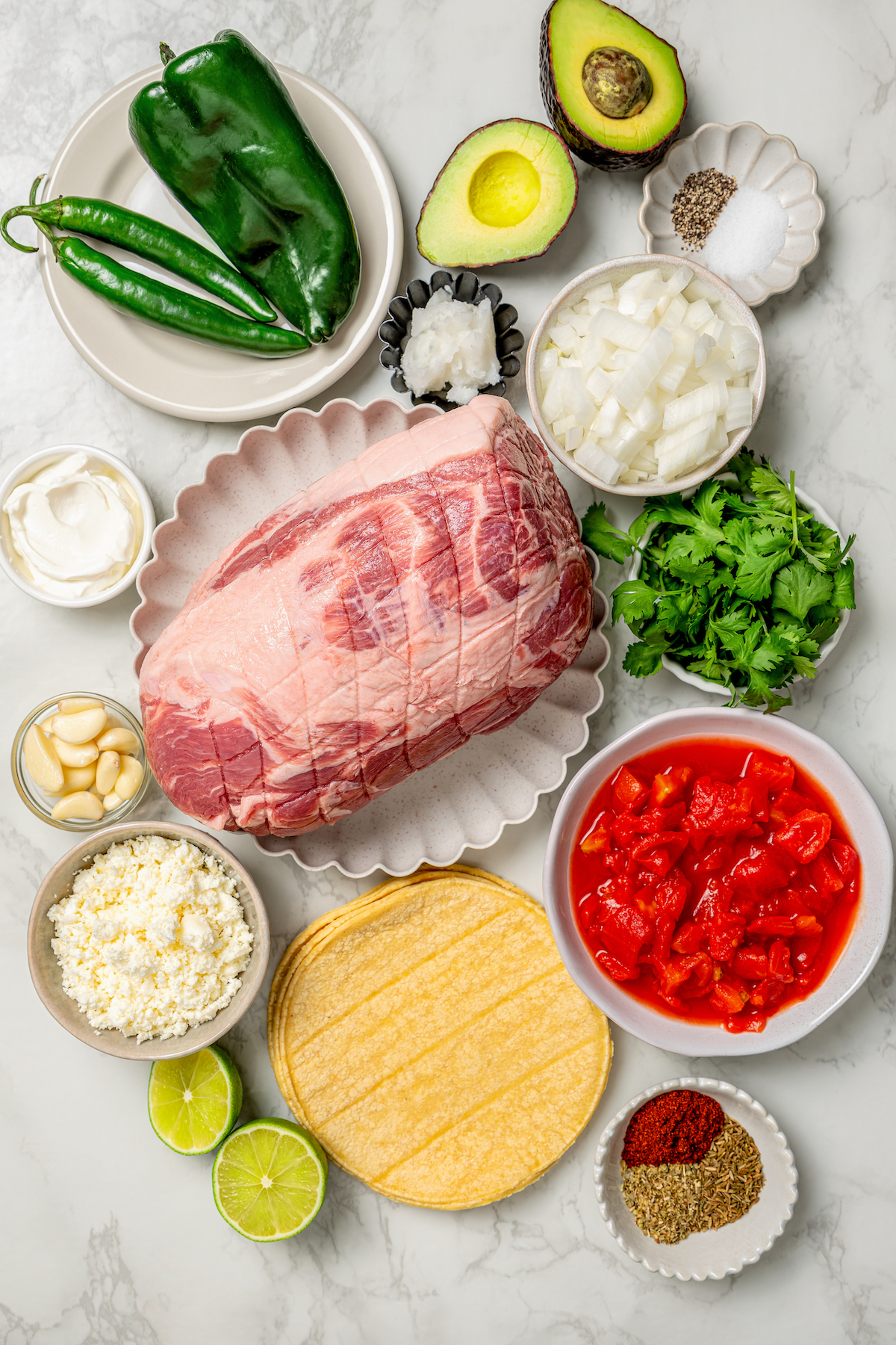 Ingredients for making pulled pork tacos.