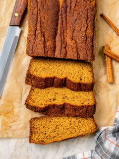 Sliced paleo pumpkin bread.