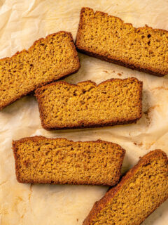 Slices of fluffy paleo pumpkin bread.