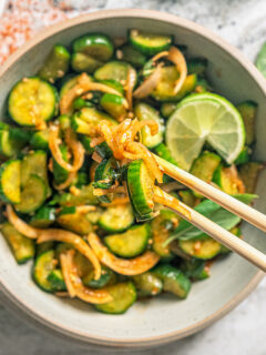 Landscape photo of cucumber kimchi.