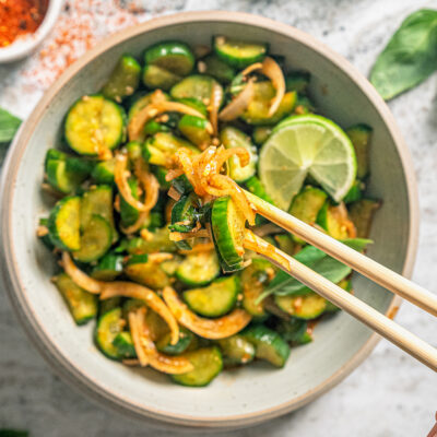 Landscape photo of cucumber kimchi.