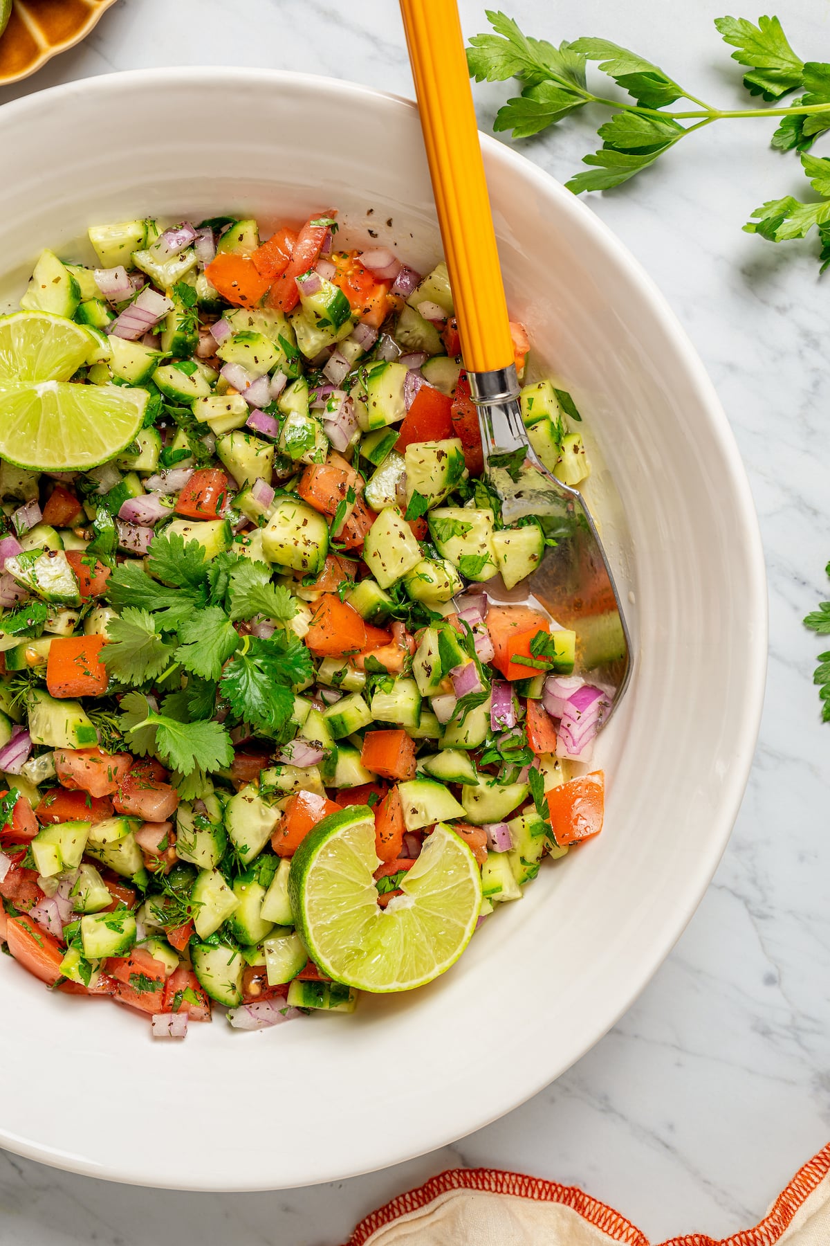 This quick shirazi salad with cucumbers, tomatoes, red onions, and a light vinaigrette is a refreshing Middle Eastern side you'll love. Angled photo of a bowl of shirazi salad with fresh herbs.