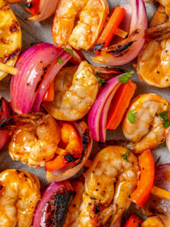 Landscape photo of shrimp brochettes.