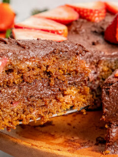 Landscape photo of strawberry cake.