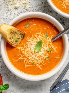 Landscape photo of tomato bisque.